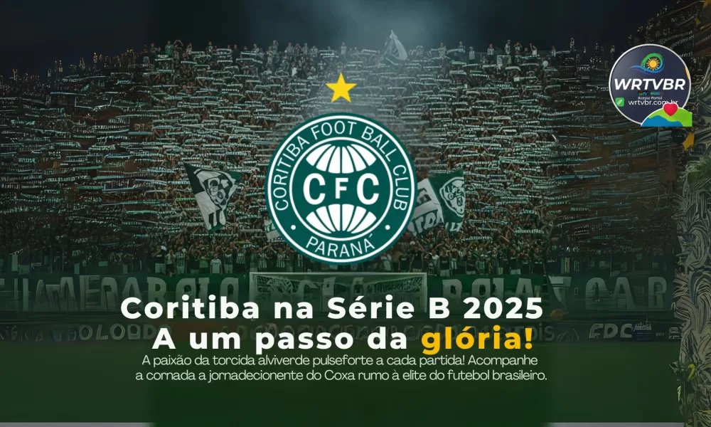 Coritiba acesso Série A: Imagem da torcida e logo do clube celebrando