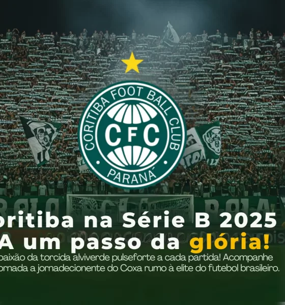 Coritiba acesso Série A: Imagem da torcida e logo do clube celebrando