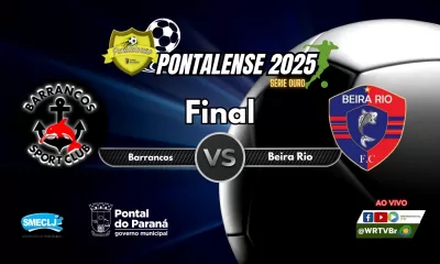 Arte promocional da Final do Pontalense 2025 - Série Ouro, mostrando os escudos dos times Barrancos Sport Club e Beira Rio F.C. em um confronto.