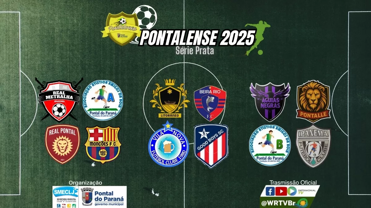 Resultados da Rodada Pontalense 2025: Escudos dos times da Série Prata, com Real Metralha, Litorâneo, Águias Negras, Good Boys SC e outros. Detalhe da organização SMECLJ.