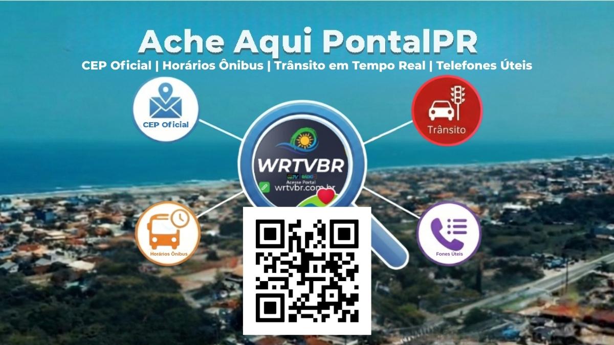 Imagem promocional da ferramenta Ache Aqui PontalPR da WRTVBr. Mostra uma foto aérea do litoral com um QR Code no centro, rodeado por ícones indicando serviços locais, como horários de ônibus, saúde, localização e contatos úteis.