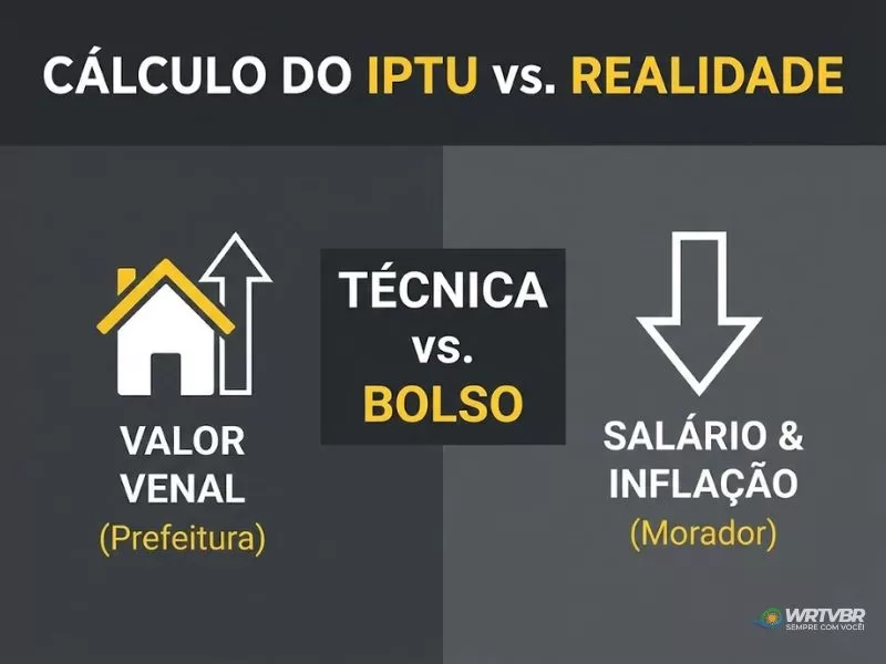 Infográfico explicando a diferença entre o cálculo técnico do IPTU e a realidade do salário.