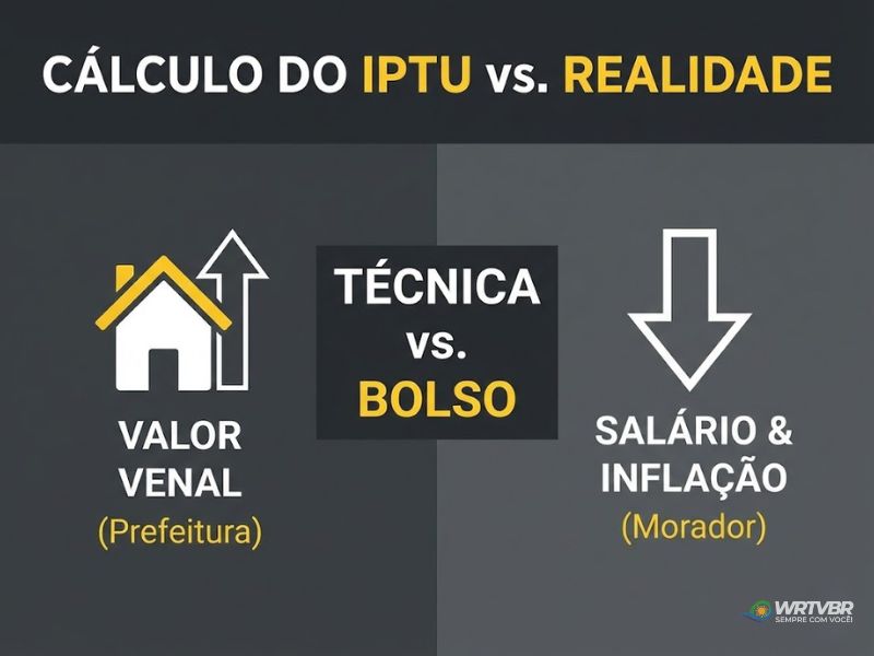 Infográfico explicando a diferença entre o cálculo técnico do IPTU e a realidade do salário.
