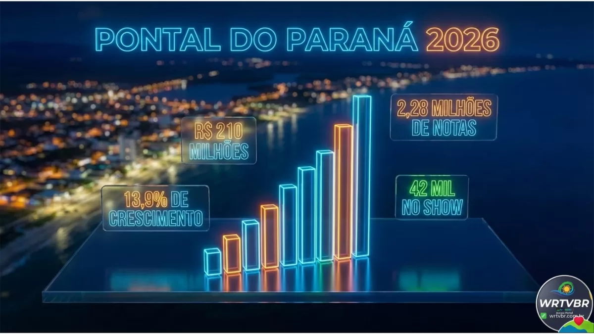 Infográfico mostrando o crescimento de 13,9% e a injeção de 210 milhões de reais na economia de Pontal do Paraná em 2026.