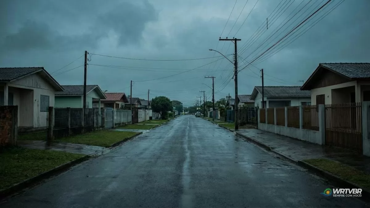 Rua residencial em Pontal do Paraná em dia nublado, ilustrando a matéria sobre o IPTU 2026.