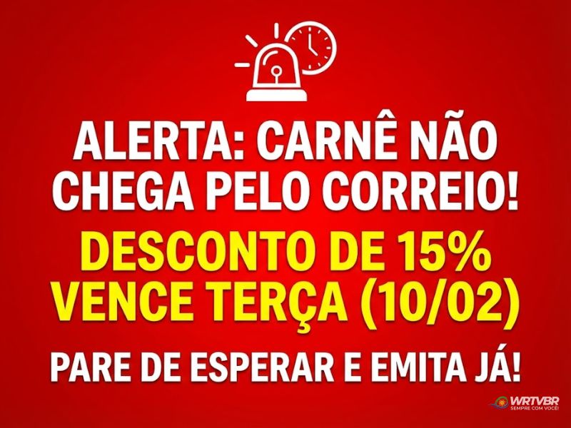 Alerta vermelho sobre IPTU Pontal do Paraná 2026 informando que o carnê não chega pelo correio e o desconto vence dia 10 de fevereiro.