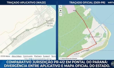 Comparativo visual mostrando que a linha oficial do DER-PR para a PR-412 é muito maior e mais extensa do que o trecho exibido pelo aplicativo Waze em Pontal do Paraná.