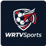 Ícone do aplicativo WRTVSports com fundo azul escuro, um escudo esportivo em vermelho e branco, e uma bola de futebol se transformando em ondas de transmissão.
