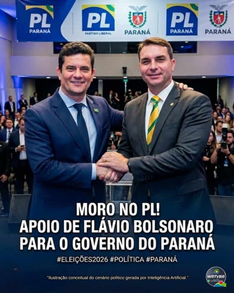 Sérgio Moro e Flávio Bolsonaro apertando as mãos e sorrindo em um evento político. Ao fundo, faixas azuis com a logo do PL Paraná. Na parte inferior, o texto: Moro no PL! Apoio de Flávio Bolsonaro para o Governo do Paraná. Imagem criada por WRTVBr com apoio de IA.