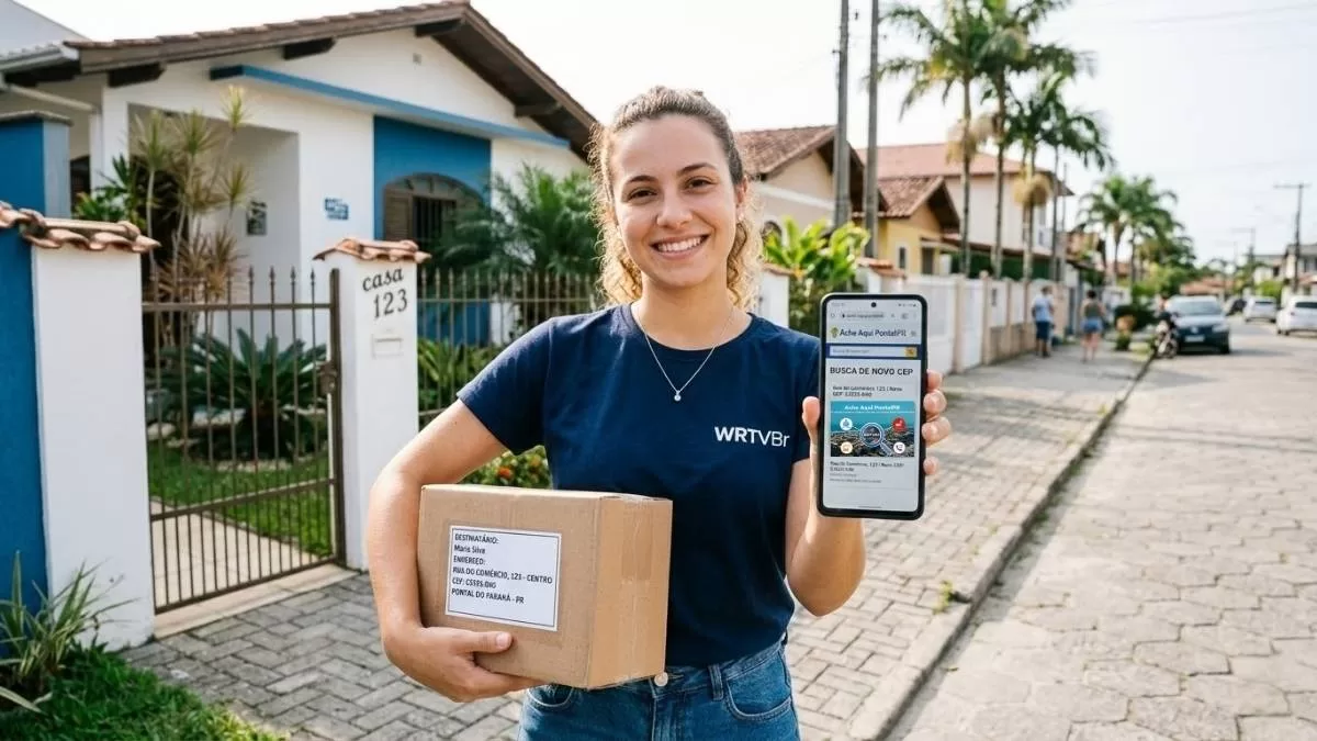 Pessoa verificando o novo código postal pelo celular em Pontal do Paraná.