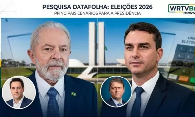 Montagem com os pré-candidatos à presidência em 2026, Lula, Flávio Bolsonaro, Ratinho Jr. e Tarcísio de Freitas, ilustrando os dados da pesquisa Datafolha.