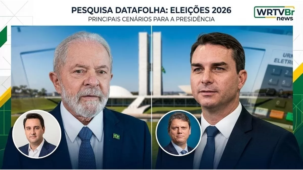 Montagem com os pré-candidatos à presidência em 2026, Lula, Flávio Bolsonaro, Ratinho Jr. e Tarcísio de Freitas, ilustrando os dados da pesquisa Datafolha.