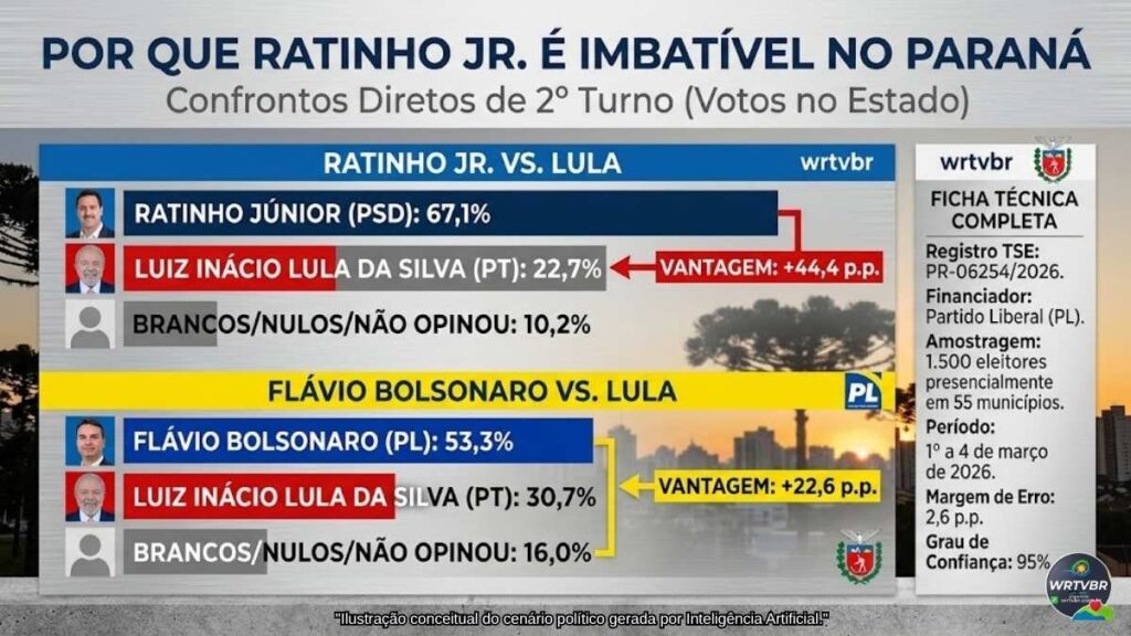 Infográfico da pesquisa eleitoral intitulado 'Por que Ratinho Jr. é imbatível no Paraná'. Mostra confrontos de 2º turno: Ratinho Jr. (67,1%) vs Lula (22,7%) e Flávio Bolsonaro (53,3%) vs Lula (30,7%). Inclui painel lateral com a ficha técnica do TSE. Imagem criada por WRTVBr com apoio de IA.