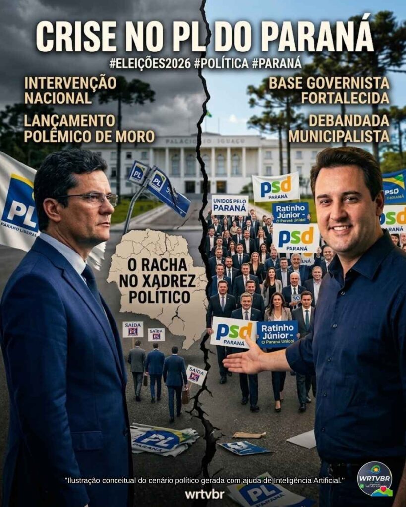 Ilustração conceitual dividida por uma rachadura. À esquerda, Sérgio Moro sério sob o texto 'Intervenção Nacional' com bandeiras do PL caídas. À direita, Ratinho Júnior sorrindo e recebendo uma multidão de apoiadores com bandeiras do PSD, sob o texto 'Base Governista Fortalecida'. No centro, um mapa do Paraná rachado com a frase 'O racha no xadrez político'. O título superior destaca 'Crise no PL do Paraná'.