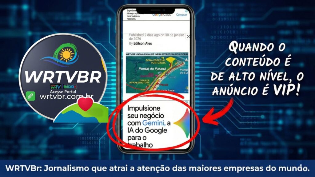 Smartphone exibindo portal WRTVBr com destaque para anúncio do Google Gemini e jornalismo em Pontal do Paraná.