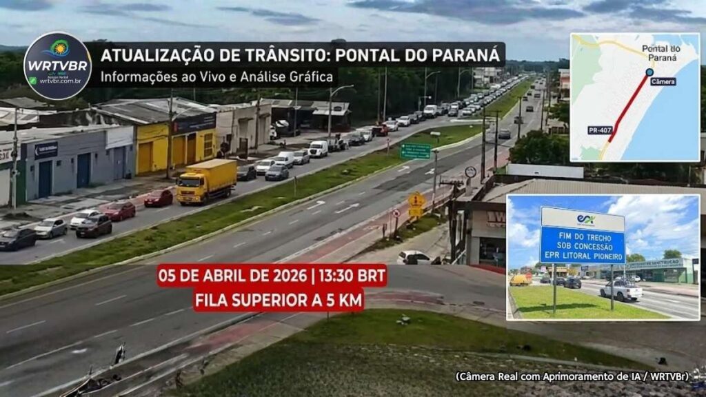 Fila de carros parada em congestionamento na rodovia PR-407 durante o dia, evidenciando trânsito lento com ônibus e caminhões no trecho da EPR.