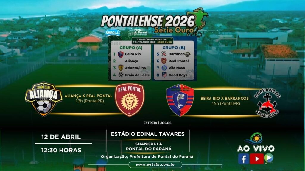 Infográfico com os Grupos A e B e os horários dos jogos de estreia do Campeonato Pontalense 2026.